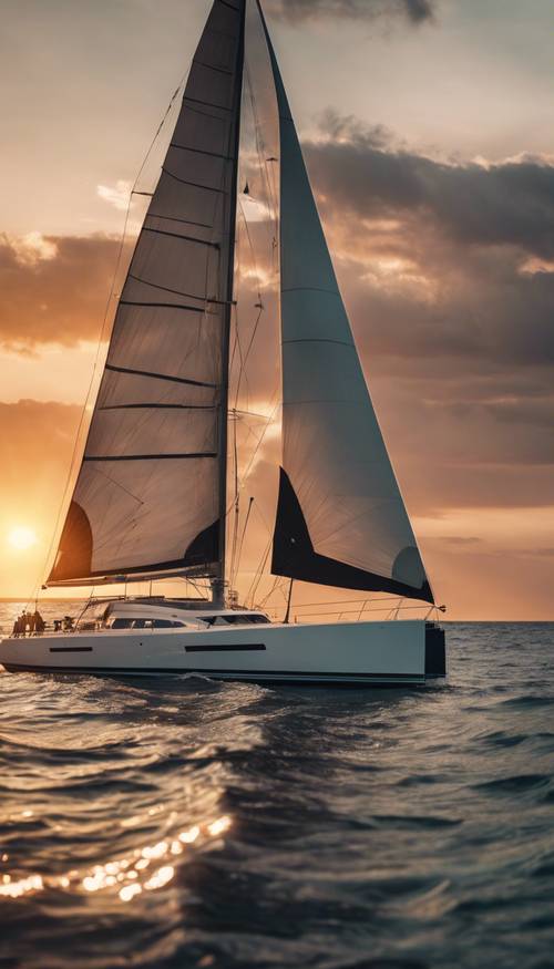 Eine luxuriöse Hochseeyacht segelt vor einem dramatischen Sonnenuntergang.