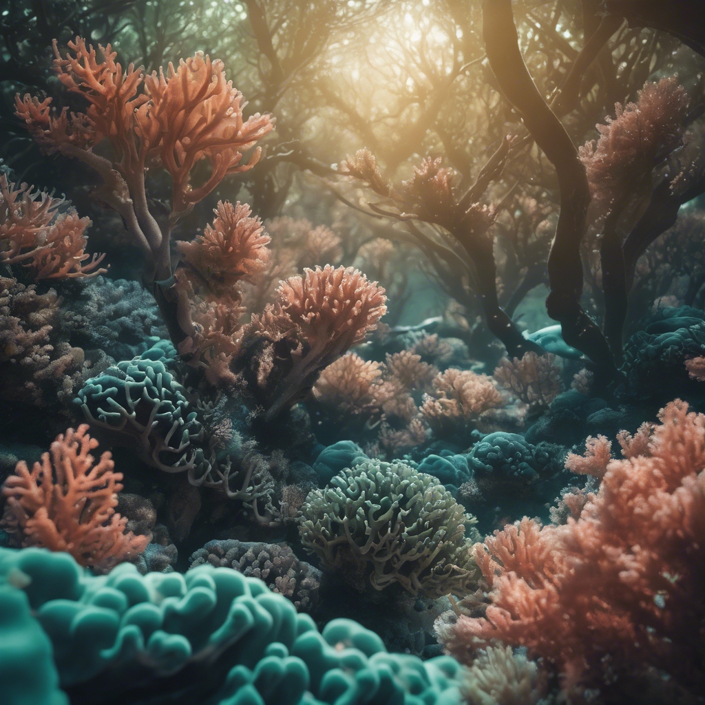 A dense coral forest swaying with slow ocean currents. Tapet[a5006d2b8bf9422184e0]