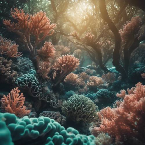 A dense coral forest swaying with slow ocean currents.