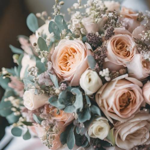 Un bouquet da sposa in diverse tonalità pastello. Sfondo [4903b0eda9ef45a6a496]