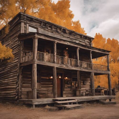 Old rustic saloon in the wild west surrounded by fall foliage.
