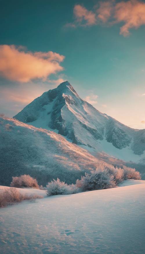 A teal colored snowy mountain at sunrise