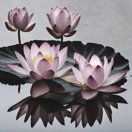 Dunkle Lotusblumen schweben elegant auf einer strukturierten weißen Leinwand.
