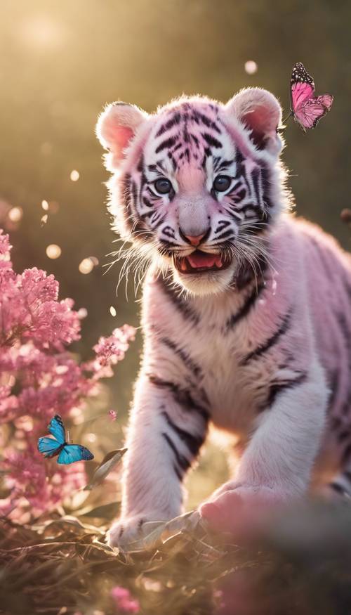 A pink tiger cub playfully catching butterflies under the morning sun.