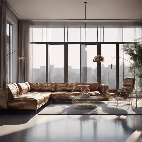 Metallic modern furniture in a minimalist living room with large windows Tapet [b21416d7ea834c8cbb9a]