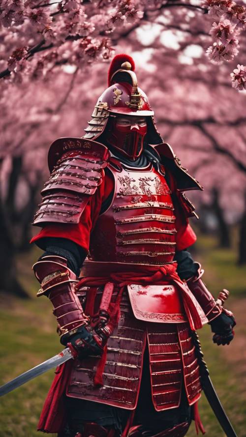 ساموراي أحمر جريء يرتدي درع المعركة الكامل ويقف تحت أشجار الكرز المزهرة عند الغسق.