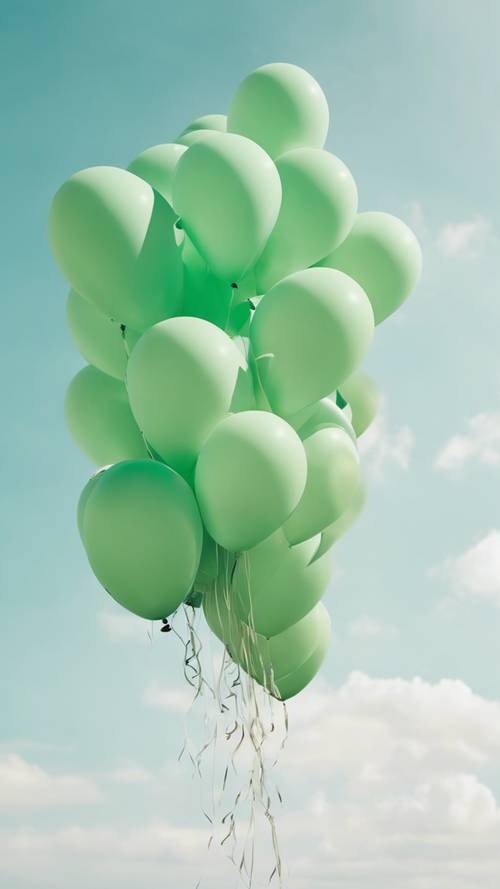 An array of light green balloons floating against a crisp, clear sky.