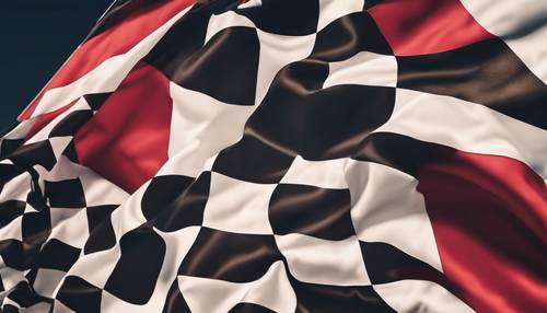 Uma vibrante bandeira de corrida quadriculada vermelha e preta balançando em uma brisa de verão em uma pista de corrida de carros.