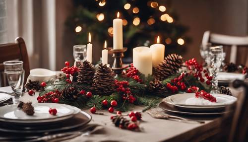 An elegant Christmas table setting with candles, pine cones, red berries, and mistletoe. Tapeta [040c96c2ebc34d8ca53e]