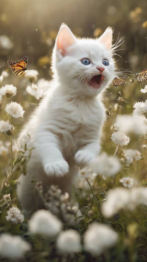 Une meute de chatons blancs chassant joyeusement un papillon dans les fleurs sauvages d&#39;un jardin printanier en fleurs.