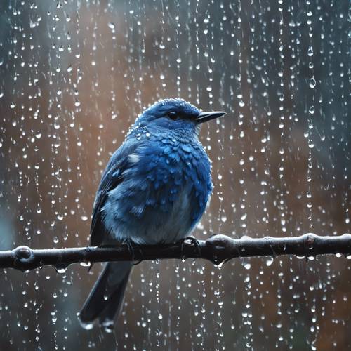 Seekor burung biru tiba-tiba terjebak dalam hujan lebat, bulunya berkilau karena tetesan air hujan