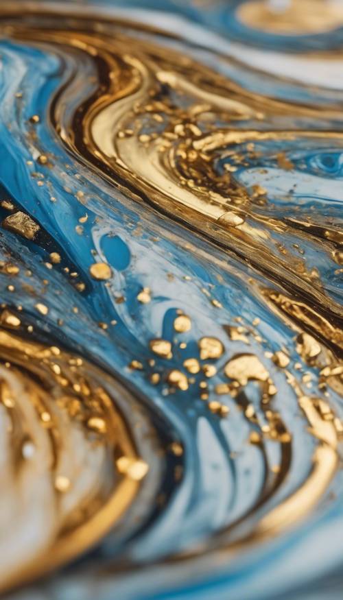 A close-up shot of a colorful marble swirled with dominant shades of gold and blue.