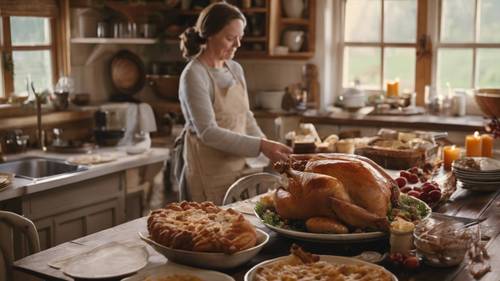 A cozy cottage kitchen preparing for a Thanksgiving feast - a roast turkey, pies, and a family setting the table.