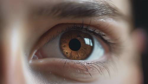 ภาพระยะใกล้ของดวงตาสีน้ำตาลอ่อนของมนุษย์กำลังมองตรงไปที่กล้อง