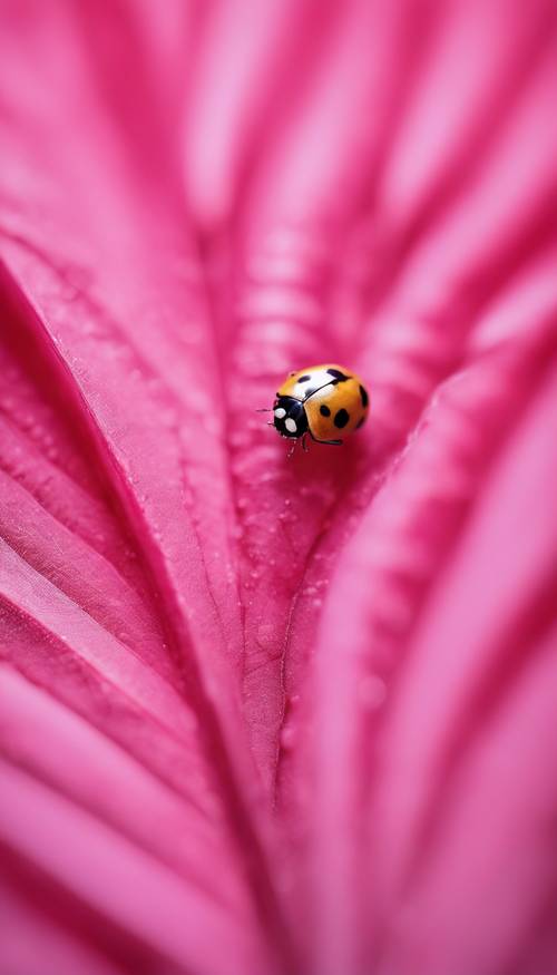 A tiny ladybug crawling on the intricate veins of a pink banana leaf.