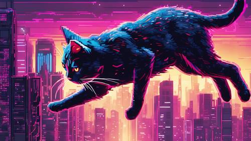 미래의 사이버펑크 도시 풍경의 밝은 스카이라인 위로 우아하게 뛰어오르는 빛나는 네온 고양이를 보여주는 픽셀 아트 작품입니다.