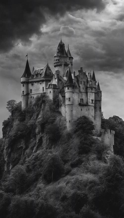 Uma misteriosa pintura gótica em preto e branco de um antigo castelo em um penhasco sob um céu estrondoso.