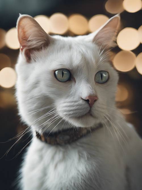 Un retrato sombrío de un viejo gato blanco, cuyos ojos sabios pero cansados reflejan el paso del tiempo.