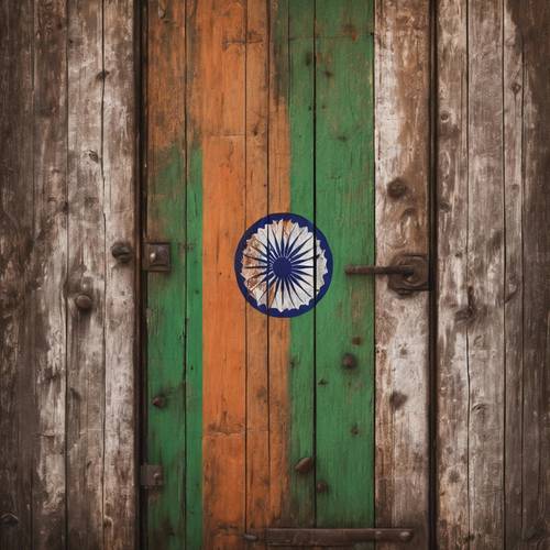 A rustic painting of the Indian flag on an old wooden door.