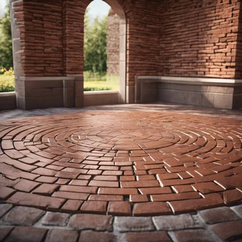 Um pátio circular construído com tijolos marrons brilhantes e bem ajustados.