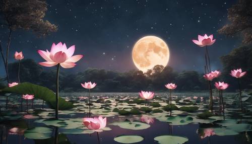 Świetlna scena o północy przedstawiająca lotosowy staw w pełni księżyca, ze świetlikami rozświetlającymi spokojną atmosferę. Tapeta [4a7ab0c3300e40f9a175]