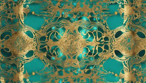 An ornamental pattern in bold shades of turquoise and gold. Ფონი [b0531d3f8a9d444c8495]