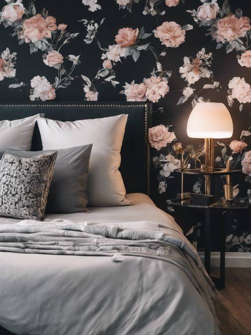 Un dormitorio moderno pero acogedor con papel tapiz floral negro y muebles de colores sutiles.