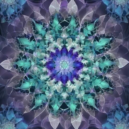 Une fractale florale géométrique rendue numériquement dans des tons froids de bleu, vert et violet.