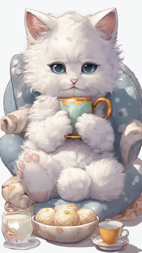 Gatinho chibi estilo anime, pelo branco com manchas cinzentas, enrolado em um travesseiro macio, bebendo um copinho de leite.