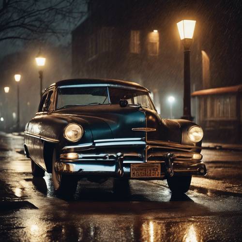 An old 50s car parked under a dim streetlamp on a dark, rainy night.