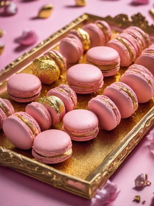 Um conjunto de macarons rosa decorados com folhas de ouro comestíveis, dispostos meticulosamente em uma bandeja de sobremesa.