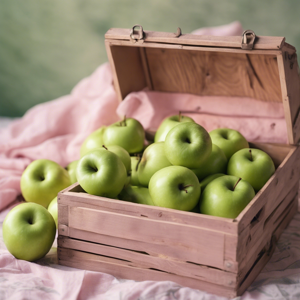 Green apples in a vintage wooden crate on a pink tablecloth. Tapetai[5a693055597d4500b4ac]