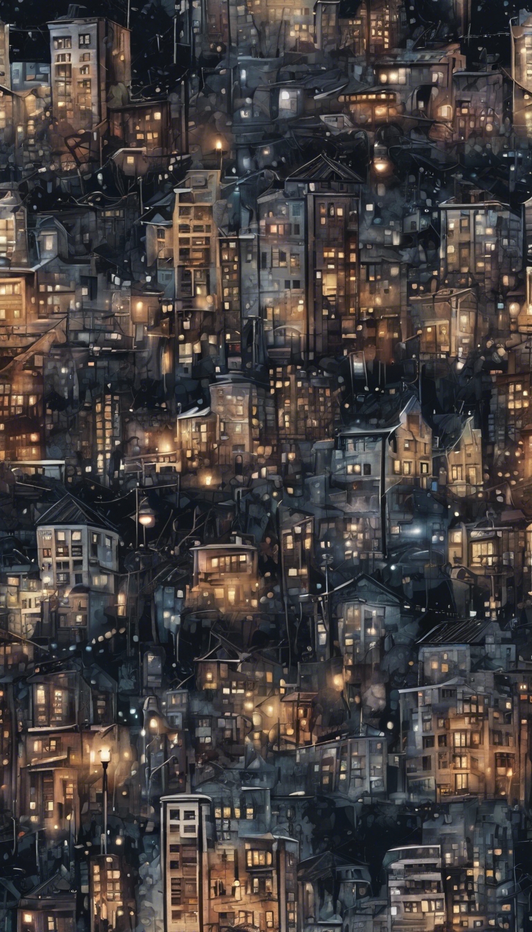 A seamless pattern showcasing a dark grunge cityscape at night with scattered graffiti. Wallpaper[547ca451554b438088cd]