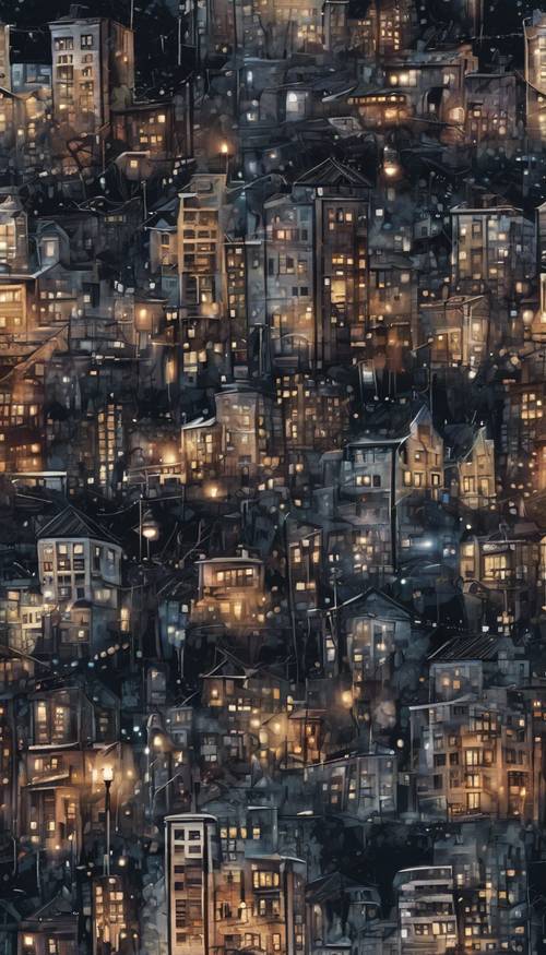 A seamless pattern showcasing a dark grunge cityscape at night with scattered graffiti. Tapet [547ca451554b438088cd]
