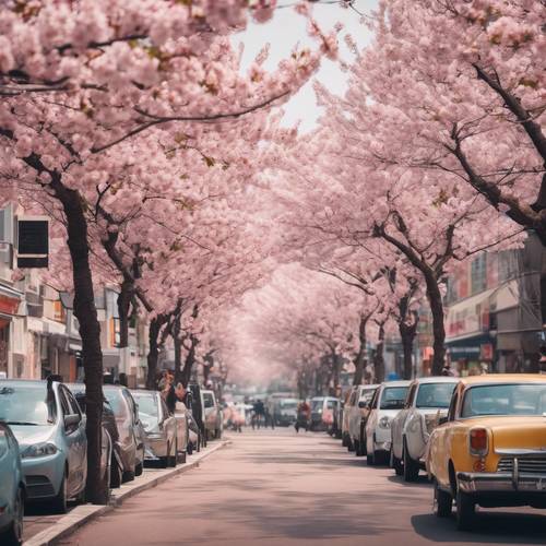 A bustling cityscape dominated by pastel pink cherry blossoms.
