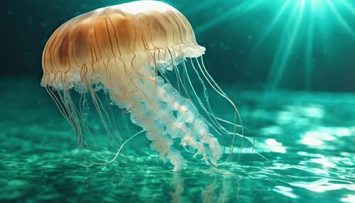A luminescent jellyfish suspended in turquoise water under a glistening sunlight