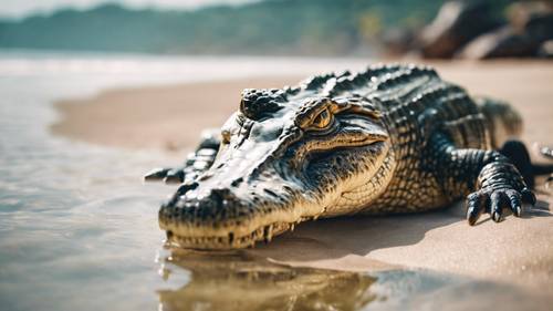 An aesthetic picture of a crocodile slithering through the crystal clear waters of sea shore.