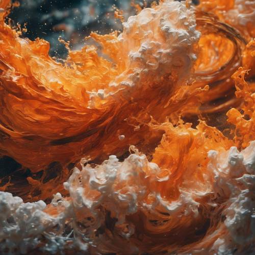 Sebuah lukisan abstrak dengan warna oranye cerah yang berputar-putar membentuk badai yang indah dan kacau di laut.