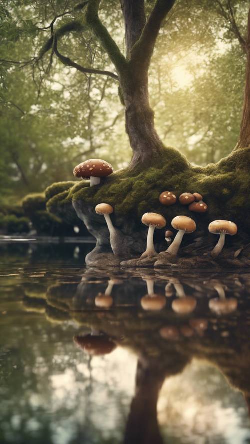 A peaceful river-side scene, highlighting a still reflection of a tree with cute mushrooms growing around its roots.