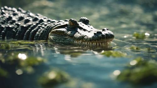 Uma visão intrigante de um crocodilo deslizando sobre as algas marinhas em um vasto oceano.
