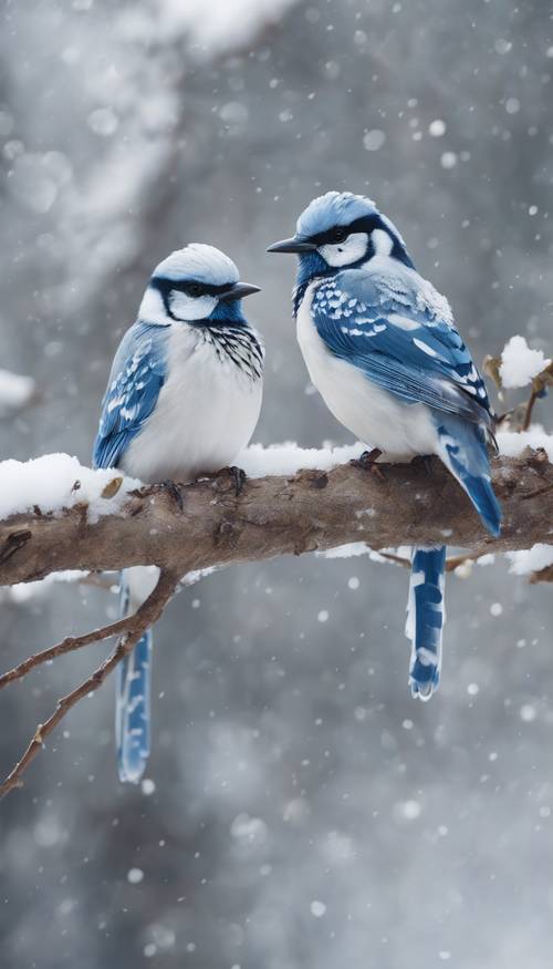A pair of blue and white birds nesting together on a snowy branch.