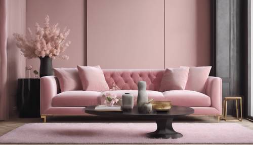 Luksusowa czarna aksamitna sofa umieszczona na środku eleganckiego salonu pomalowana na delikatny pastelowy róż.