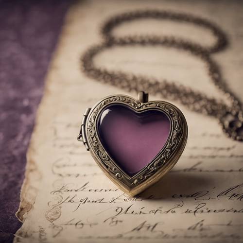 A vintage dark purple heart-shaped locket necklace open to reveal a faded sepia photograph.