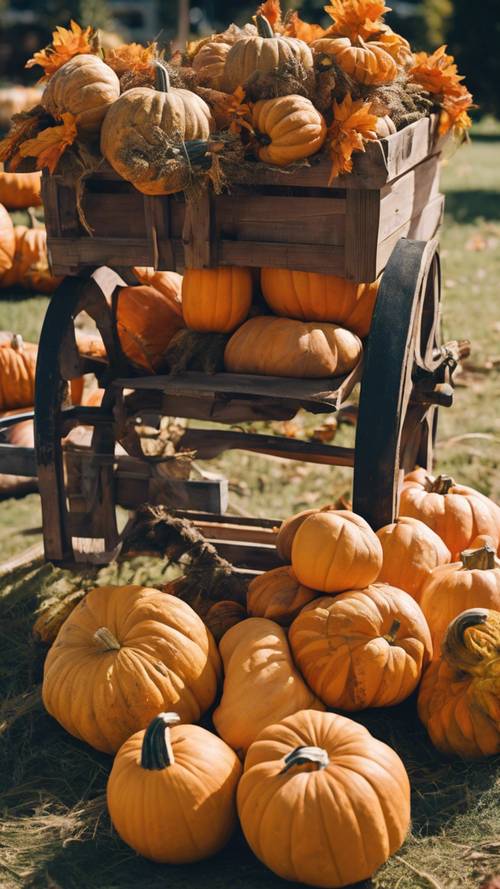 Những quả bí ngô đủ màu sắc rực rỡ với nhiều kích cỡ khác nhau được xếp ngay ngắn trên chiếc xe đẩy bằng gỗ mộc mạc tại lễ hội thu hoạch mùa thu ở một thị trấn nhỏ.