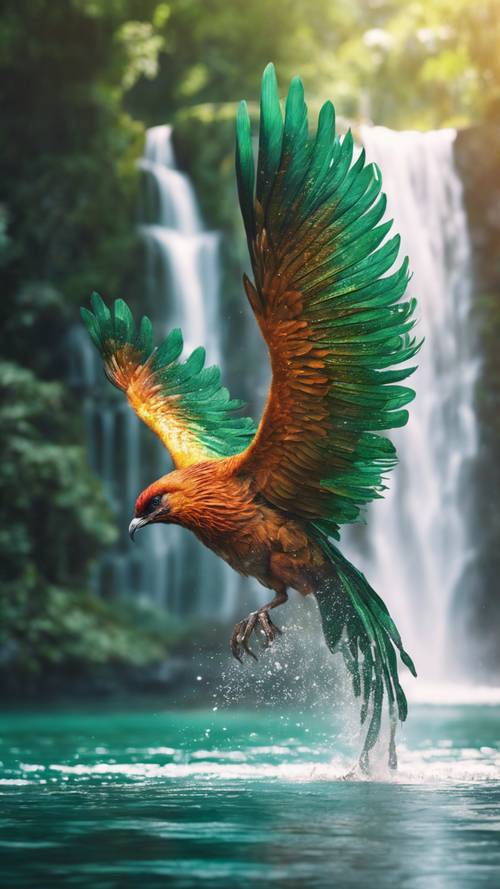 Переливающаяся птица феникс в полете на фоне величественного водопада, низвергающегося в мерцающий изумрудный бассейн.