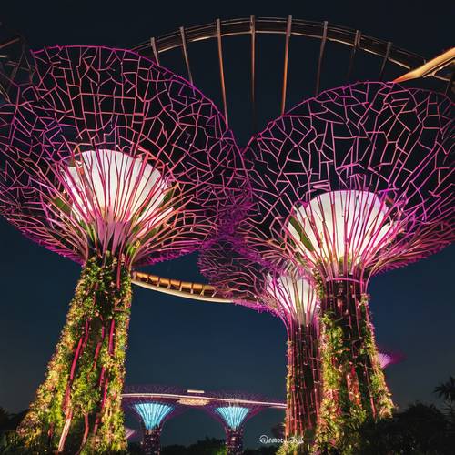 A detailed view of the iconic Supertree Grove light show at Gardens by the Bay, lighting up the evening sky.
