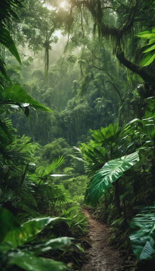 Pemandangan panorama hutan hujan tropis, tersapu warna hijau segar setelah hujan monsun malam.