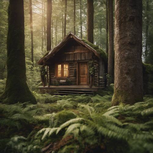 A light brown cabin nestled deep within a green forest.