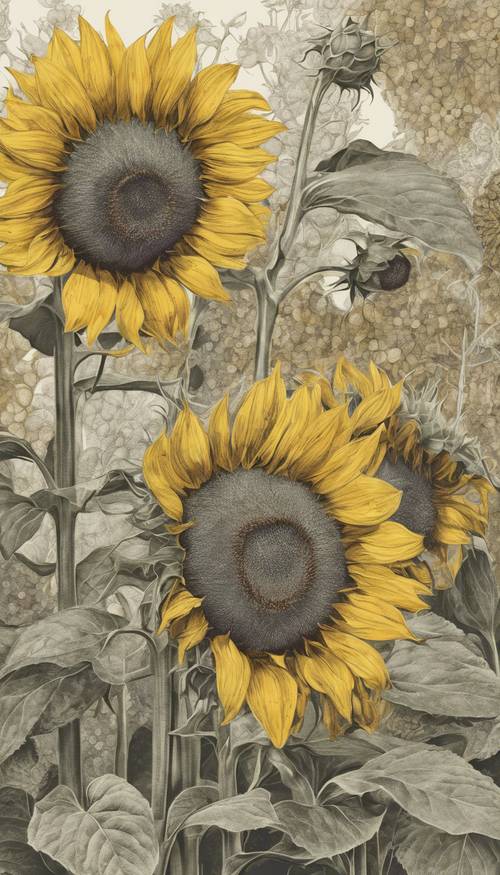 Eine botanische Zeichnung von Sonnenblumen aus der Jahrhundertwende.