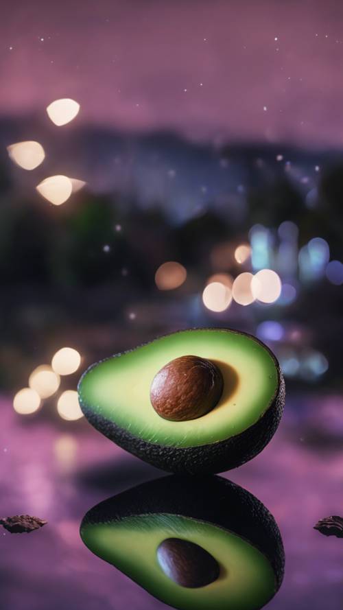 A night time scene of a glowing avocado under the moonlight
